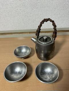 471 薩摩　岩切　錫製　鶴　茶器セット　急須1 湯呑3 未使用 金属工芸